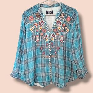 Johnny Was Blue Plaid Floral Embroidered Cotton V-Neck Long Sleeve Button-Up Top